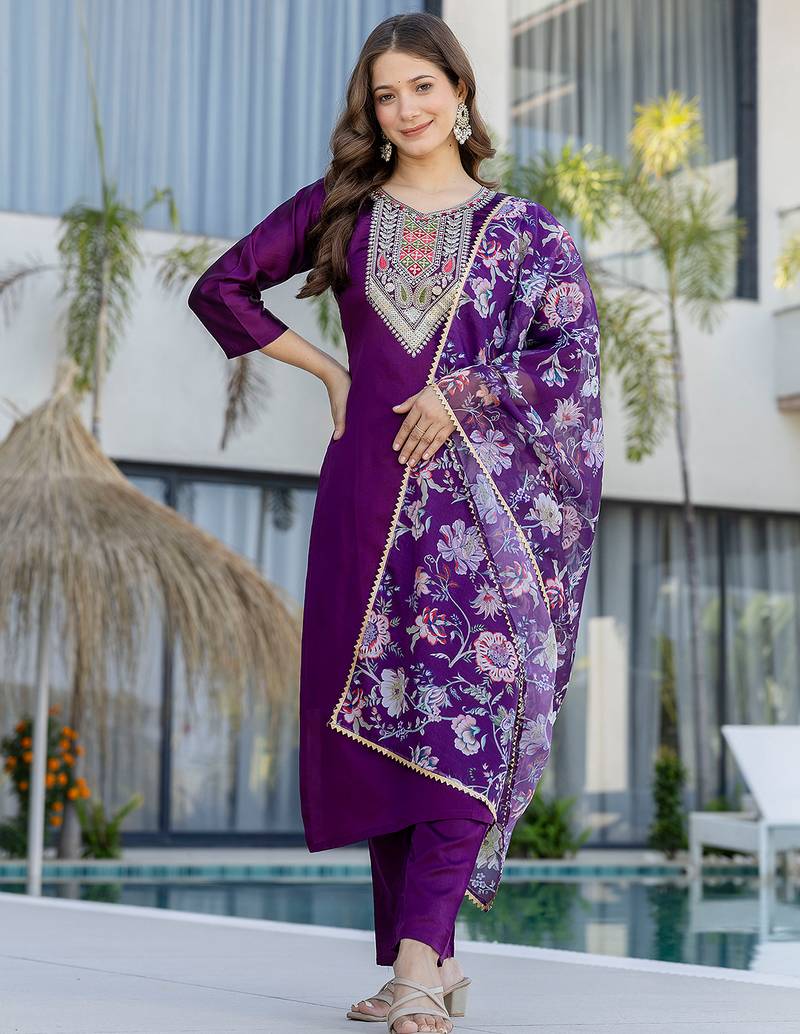 Purple chanderi cotton heavy thread embroidery work with printed dupatta kurta pant set