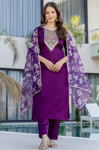 Purple chanderi cotton heavy thread embroidery work with printed dupatta kurta pant set