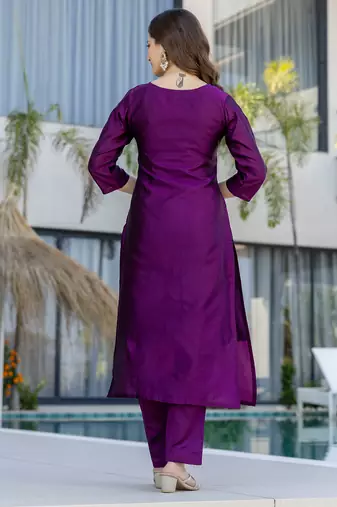Purple chanderi cotton heavy thread embroidery work with printed dupatta kurta pant set