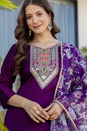 Purple chanderi cotton heavy thread embroidery work with printed dupatta kurta pant set
