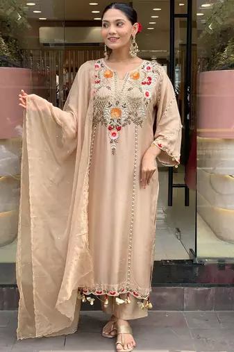 Chiku p.v chanderi heavy thread embroidery work kurta pant set