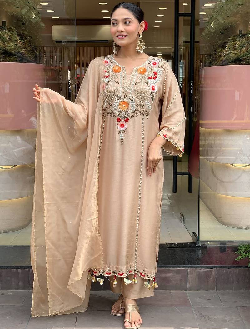 Chiku p.v chanderi heavy thread embroidery work kurta pant set