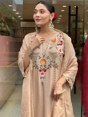 Chiku p.v chanderi heavy thread embroidery work kurta pant set 3