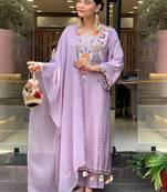 Lavender p.v chanderi heavy thread embroidery work kurta pant set