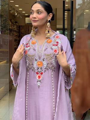 Lavender p.v chanderi heavy thread embroidery work kurta pant set 4