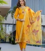 Yellow chanderi heavy thread embroidery work kurta pant set