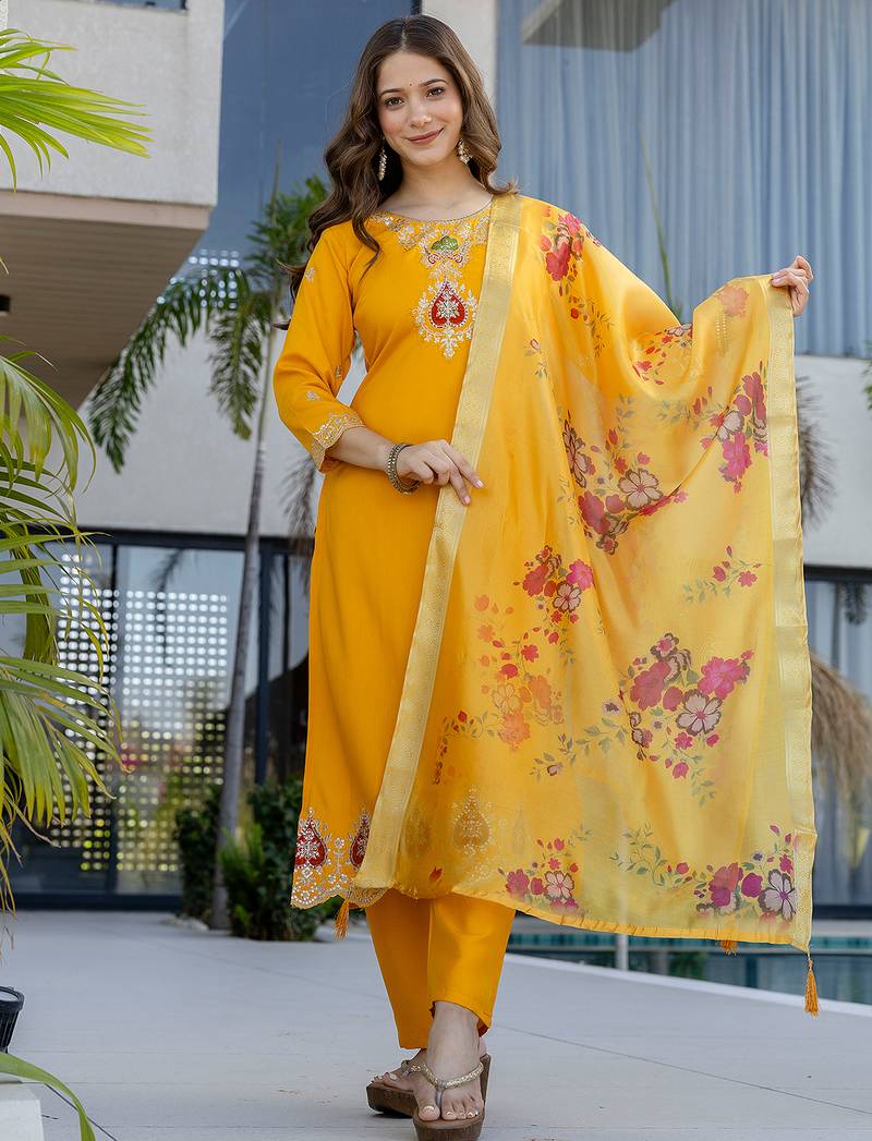 Yellow chanderi heavy thread embroidery work kurta pant set
