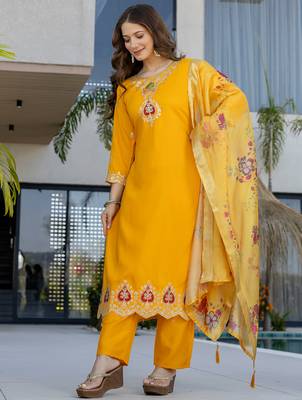 Yellow chanderi heavy thread embroidery work kurta pant set 2