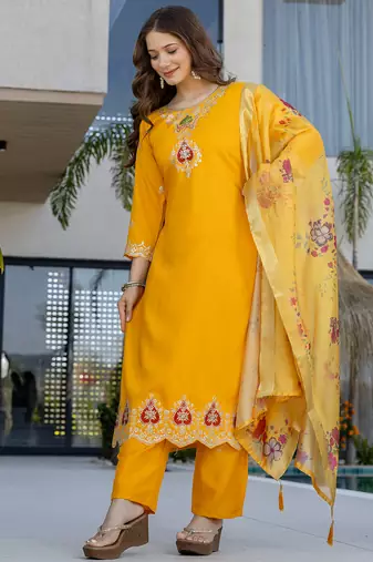 Yellow chanderi heavy thread embroidery work kurta pant set