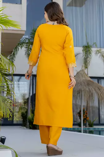 Yellow chanderi heavy thread embroidery work kurta pant set