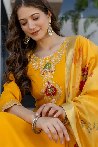 Yellow chanderi heavy thread embroidery work kurta pant set