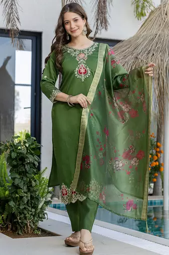 Green chanderi heavy thread embroidery work kurta pant set