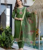 Green chanderi heavy thread embroidery work kurta pant set