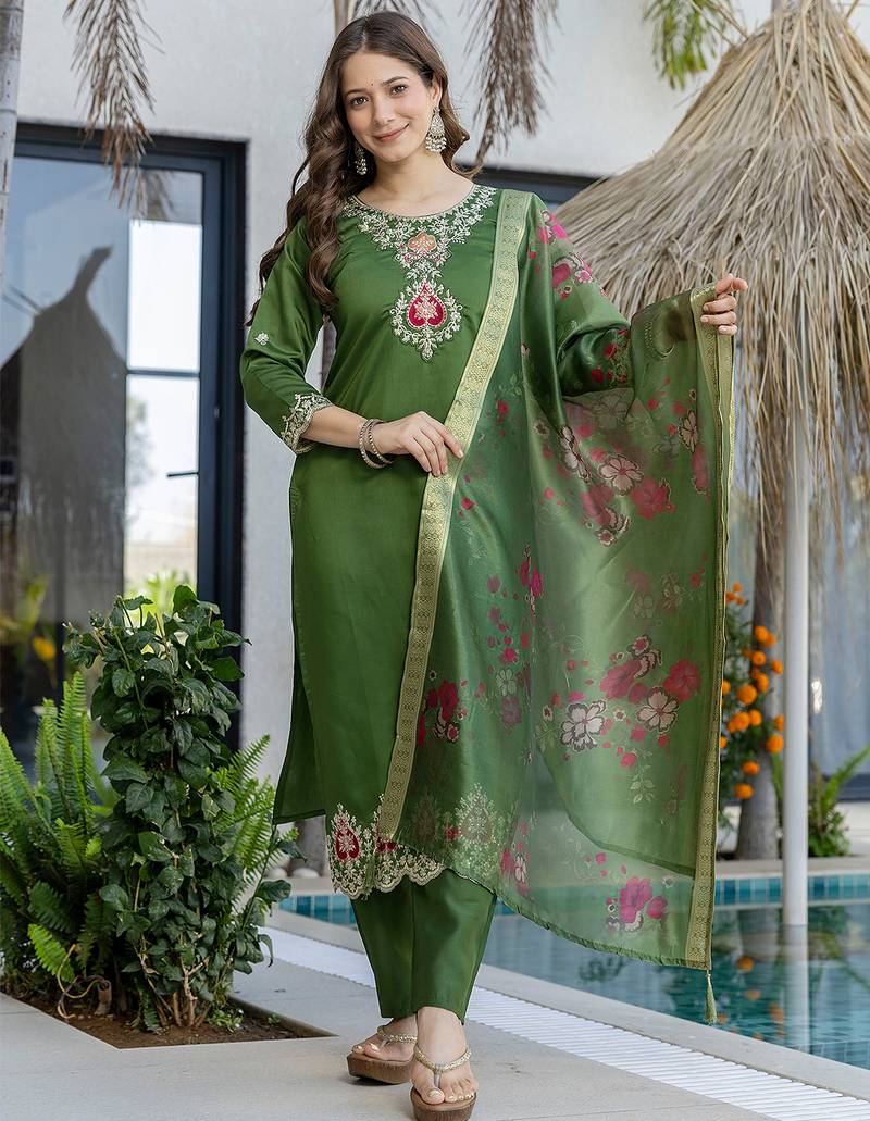 Green chanderi heavy thread embroidery work kurta pant set