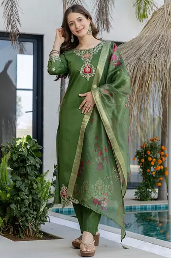 Green chanderi heavy thread embroidery work kurta pant set