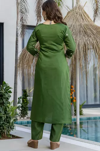Green chanderi heavy thread embroidery work kurta pant set