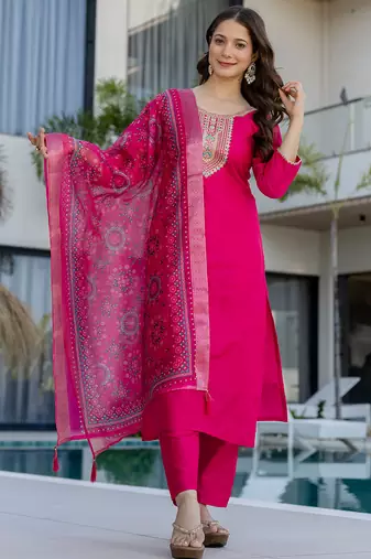 Rani pink chanderi cotton heavy thread embroidery work with printed dupatta kurta pant set