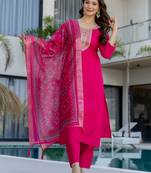 Rani pink chanderi cotton heavy thread embroidery work with printed dupatta kurta pant set
