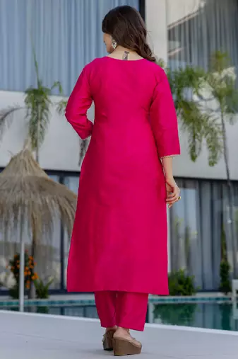 Rani pink chanderi cotton heavy thread embroidery work with printed dupatta kurta pant set