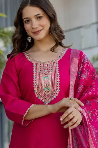 Rani pink chanderi cotton heavy thread embroidery work with printed dupatta kurta pant set