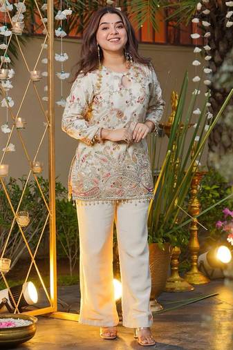 Cream heavy crepe silk heavy thread embroidery work top with pant