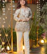 Cream heavy crepe silk heavy thread embroidery work top with pant