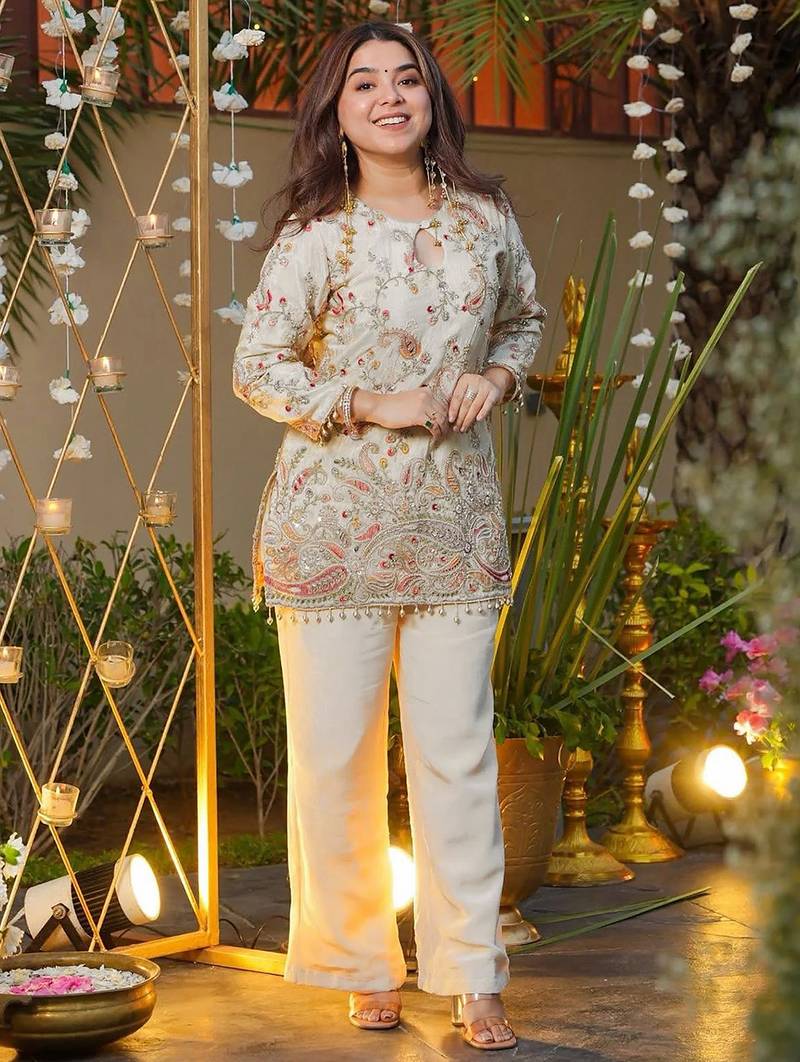 Cream heavy crepe silk heavy thread embroidery work top with pant