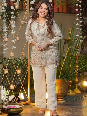 Cream heavy crepe silk heavy thread embroidery work top with pant 2