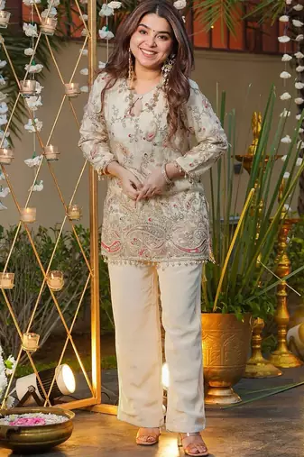 Cream heavy crepe silk heavy thread embroidery work top with pant