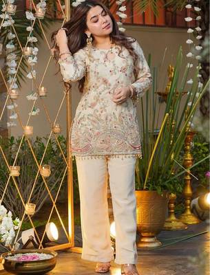 Cream heavy crepe silk heavy thread embroidery work top with pant 4
