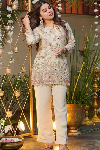 Cream heavy crepe silk heavy thread embroidery work top with pant