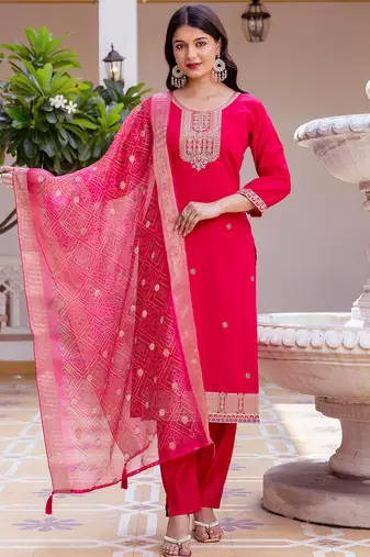 Dark pink viscose chanderi heavy thread embroidery work with printed dupatta kurta pant set