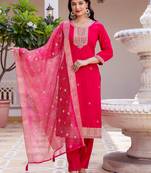 Dark pink viscose chanderi heavy thread embroidery work with printed dupatta kurta pant set