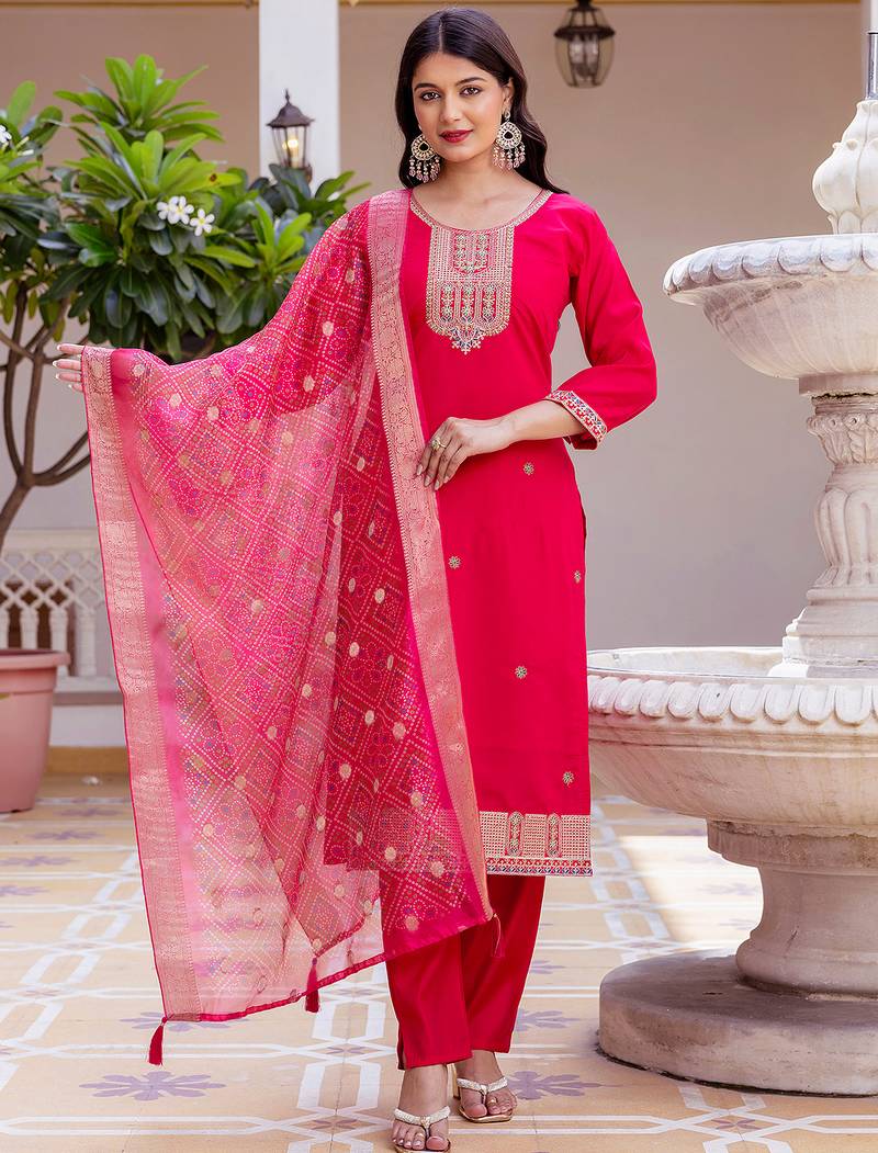 Dark pink viscose chanderi heavy thread embroidery work with printed dupatta kurta pant set
