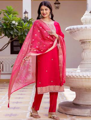 Dark pink viscose chanderi heavy thread embroidery work with printed dupatta kurta pant set 2