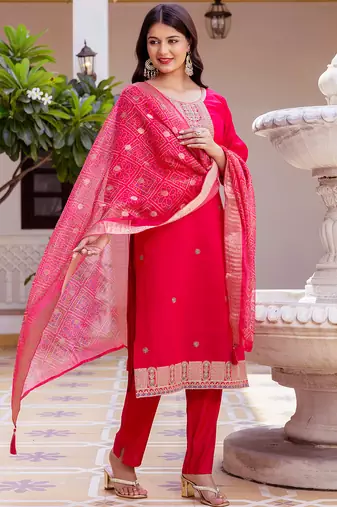 Dark pink viscose chanderi heavy thread embroidery work with printed dupatta kurta pant set