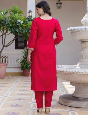 Dark pink viscose chanderi heavy thread embroidery work with printed dupatta kurta pant set 3