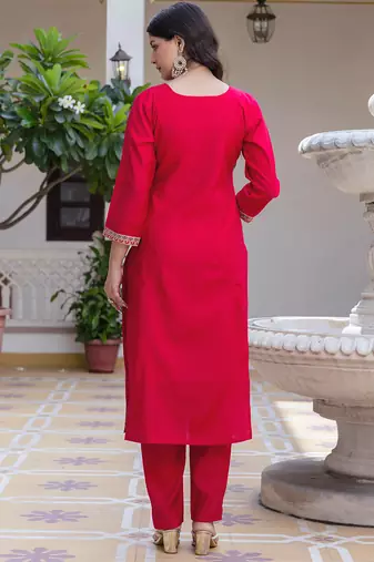 Dark pink viscose chanderi heavy thread embroidery work with printed dupatta kurta pant set