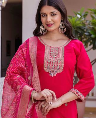 Dark pink viscose chanderi heavy thread embroidery work with printed dupatta kurta pant set 4