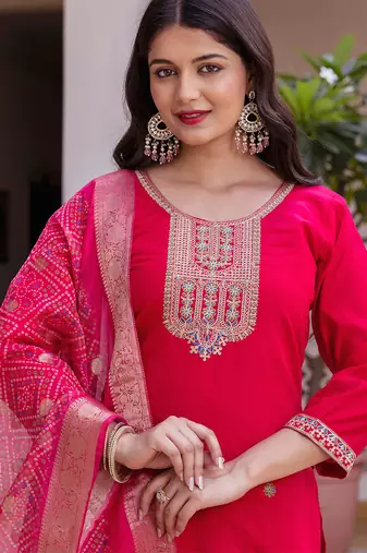 Dark pink viscose chanderi heavy thread embroidery work with printed dupatta kurta pant set