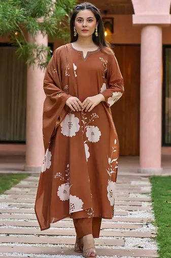 Brown muslin printed kurta pant set