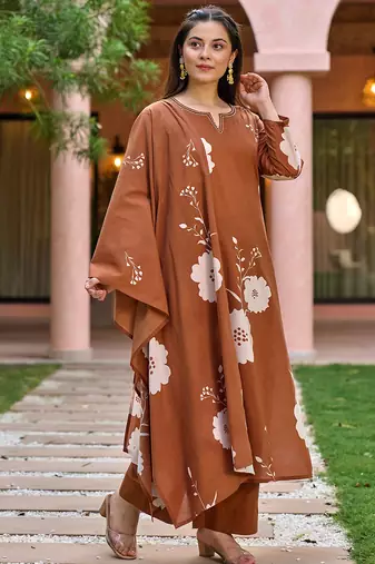Brown muslin printed kurta pant set