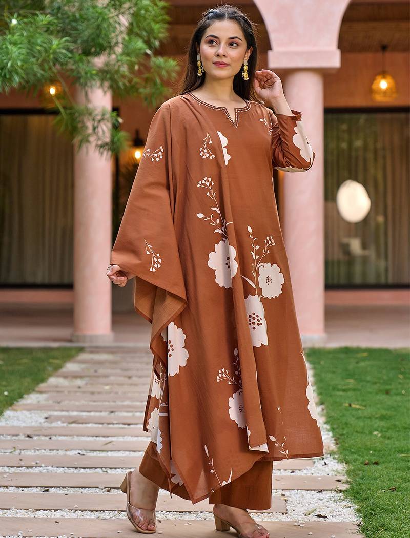 Brown muslin printed kurta pant set