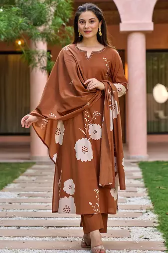 Brown muslin printed kurta pant set