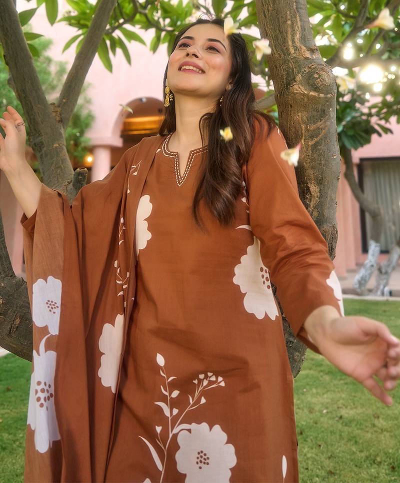 Brown muslin printed kurta pant set