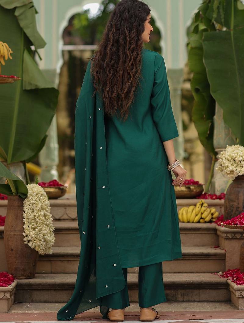 Green viscose rayon heavy thread embroidery work kurta pant set