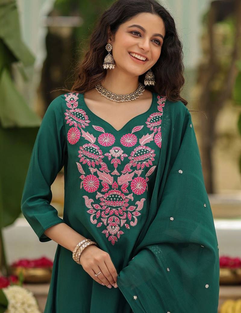 Green viscose rayon heavy thread embroidery work kurta pant set