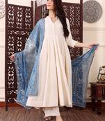 Cream chanderi silk solid plain with printed dupatta kurta pant set