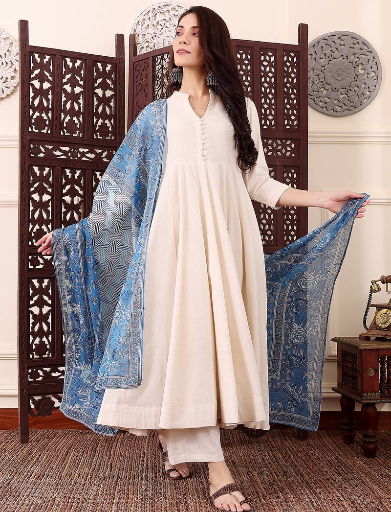 Cream chanderi silk solid plain with printed dupatta kurta pant set