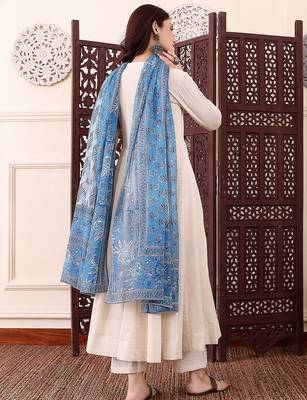 Cream chanderi silk solid plain with printed dupatta kurta pant set 3